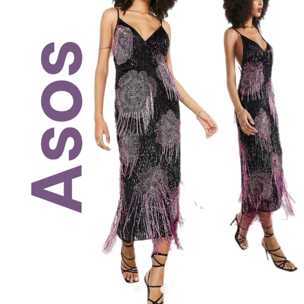 Asos Edition Womens Embellished Beading Sequins Flowers Cami Midi Dress Sz 6